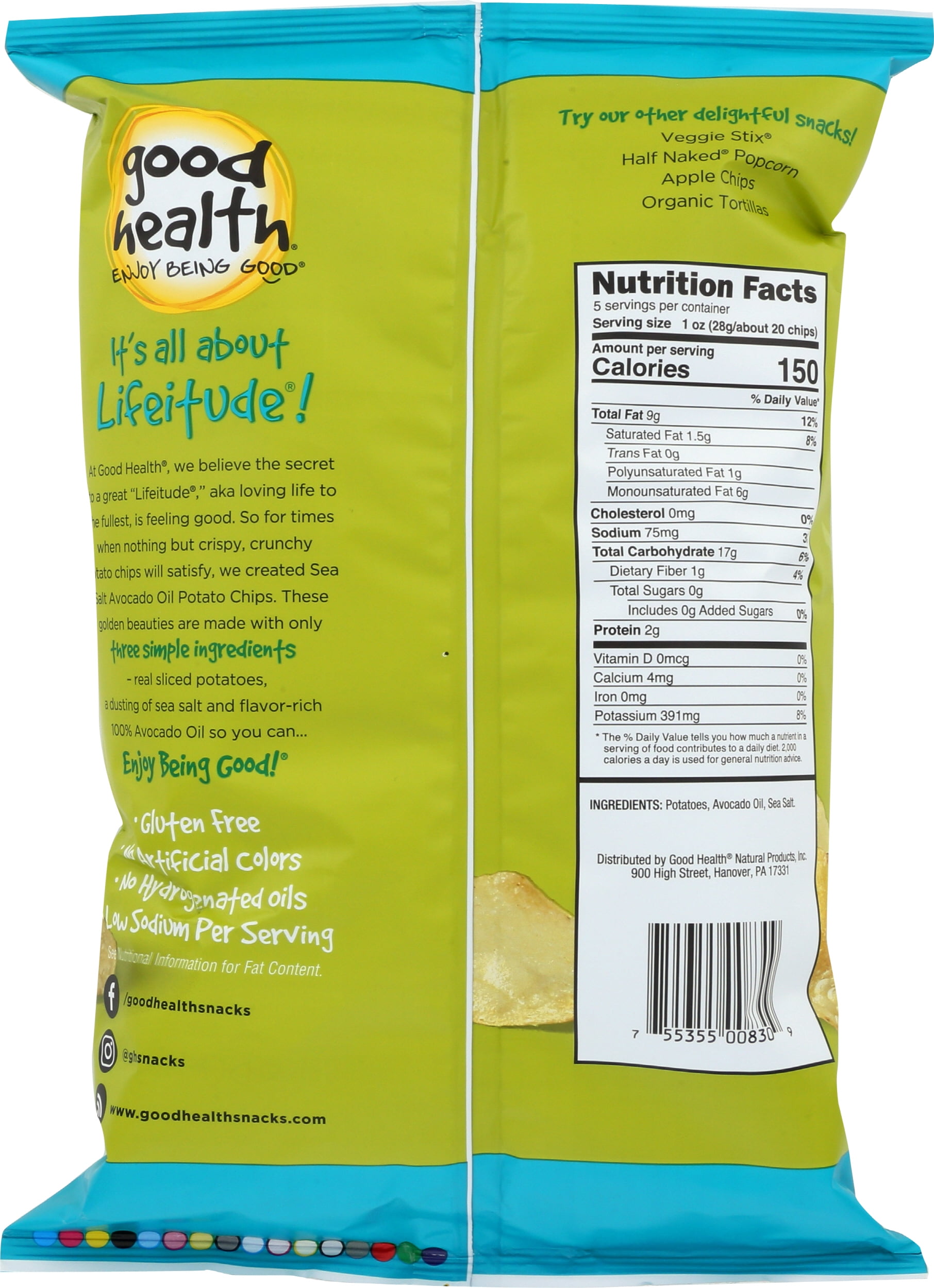 Pack of 12, Good Health Avocado Oil Kettle Style Potato Chips Sea Salt, 5 oz