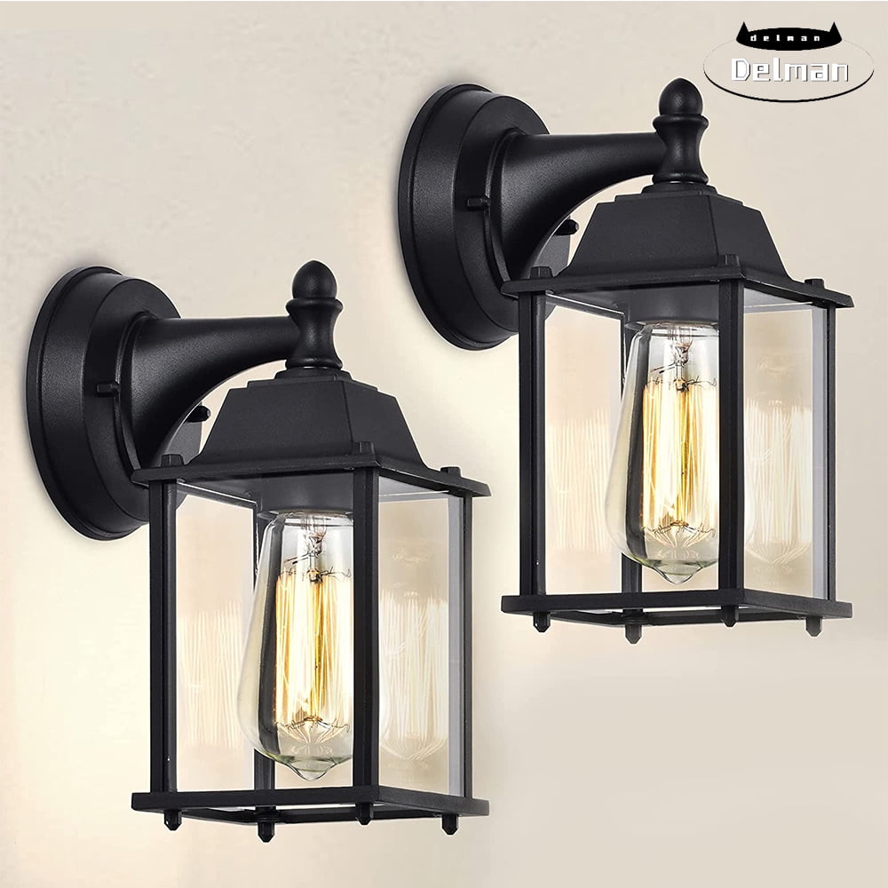 Black Aluminum and Glass Outdoor Wall Lantern Set
