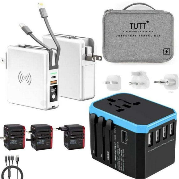 TUTT Ultimate Travel Adapter & Charging Kit | 10000mah Power Bank | 3 Global Plugs | Universal Travel Adapter | Wireless Charging 3 in 1 Multi Cable |Carrying Bag EU,UK,USA,AUS