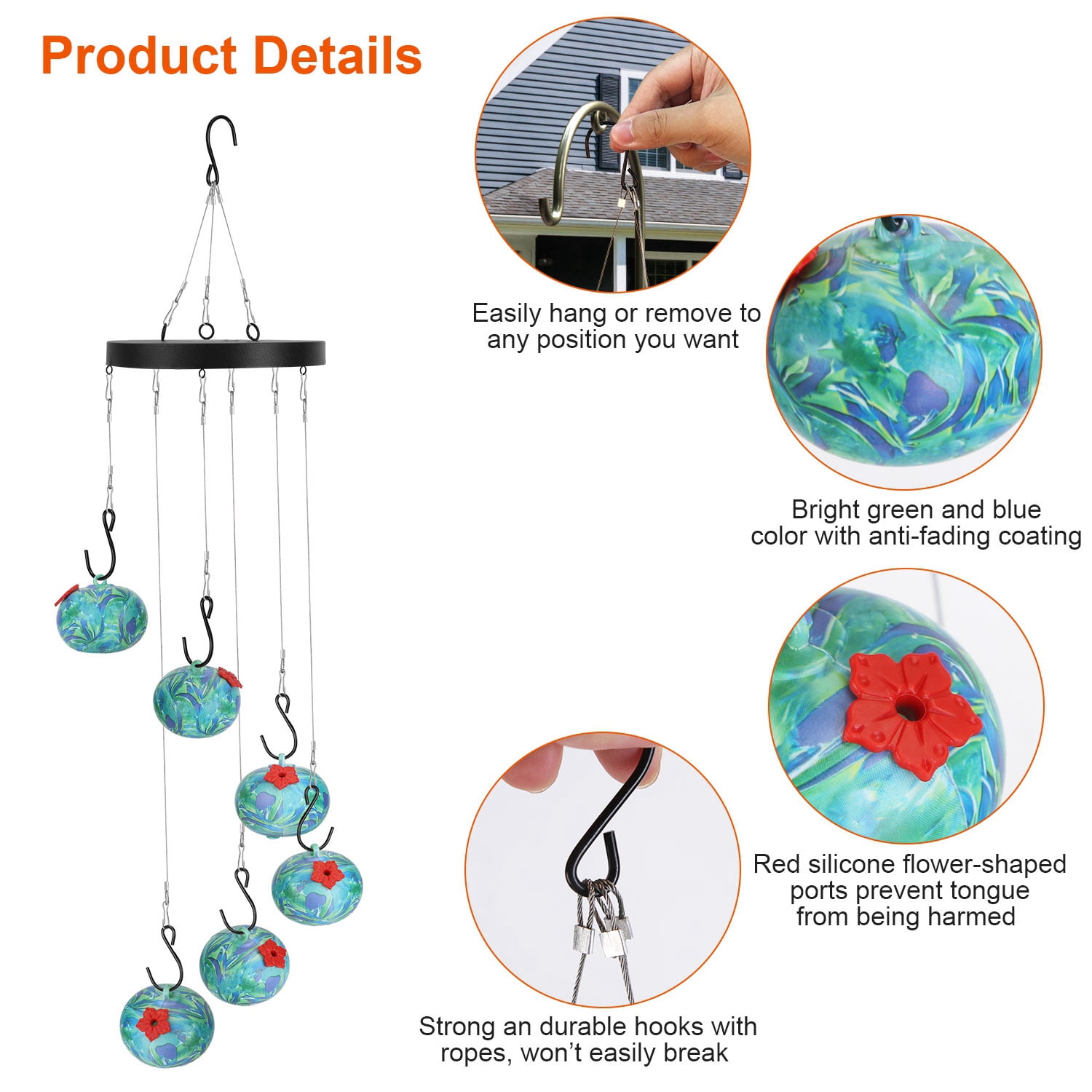 FENGFAN Wind Chimes Hummingbird Feeder with Tongue Protection Metal Outdoor Garden Yard Decor 1 Pack