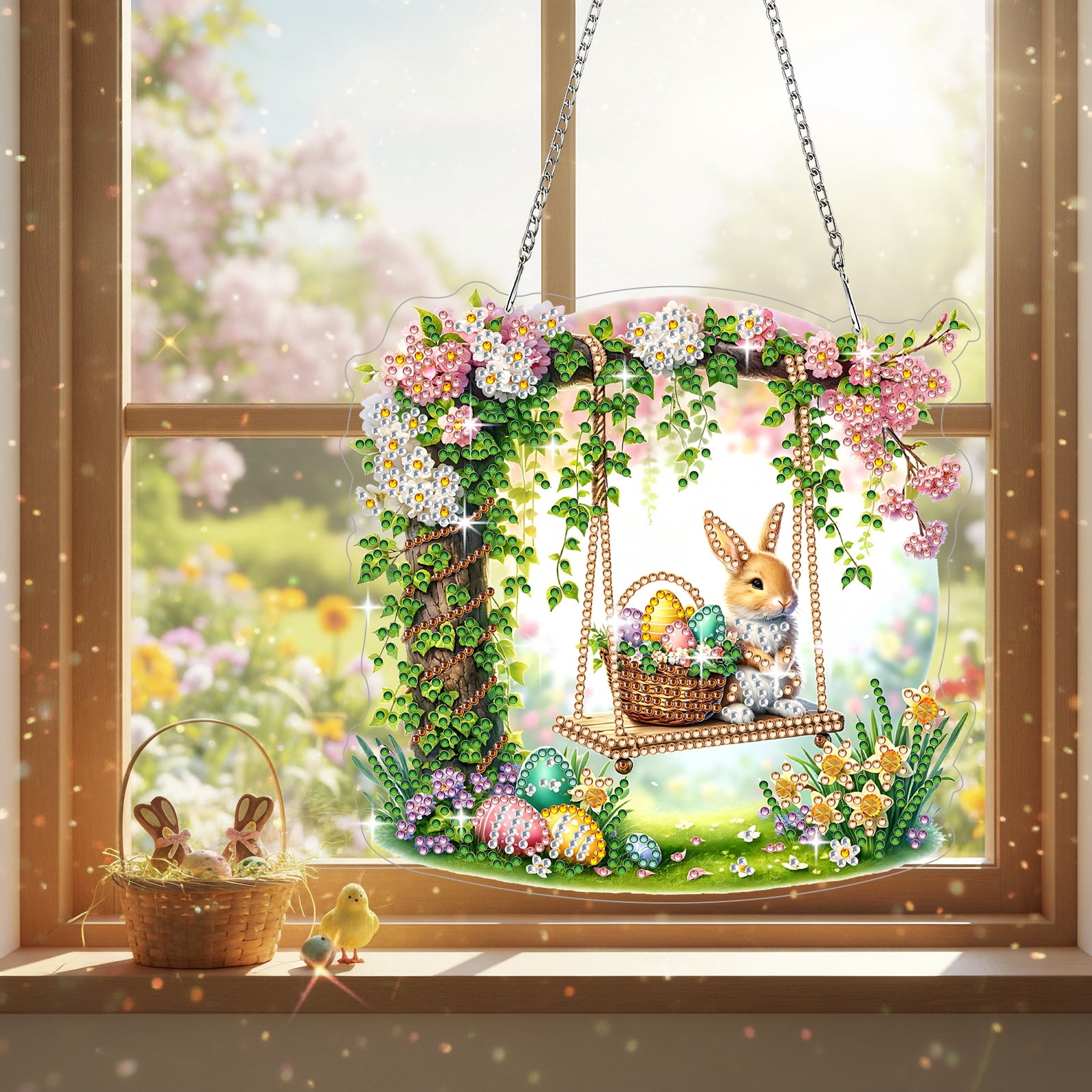 FLOPESN DIY Easter Diamond Art Painting Pendant Kit - 7.08X7.87in Acrylic Single-sided Rhinestone Dotting Pendant Wall Decor-Swing