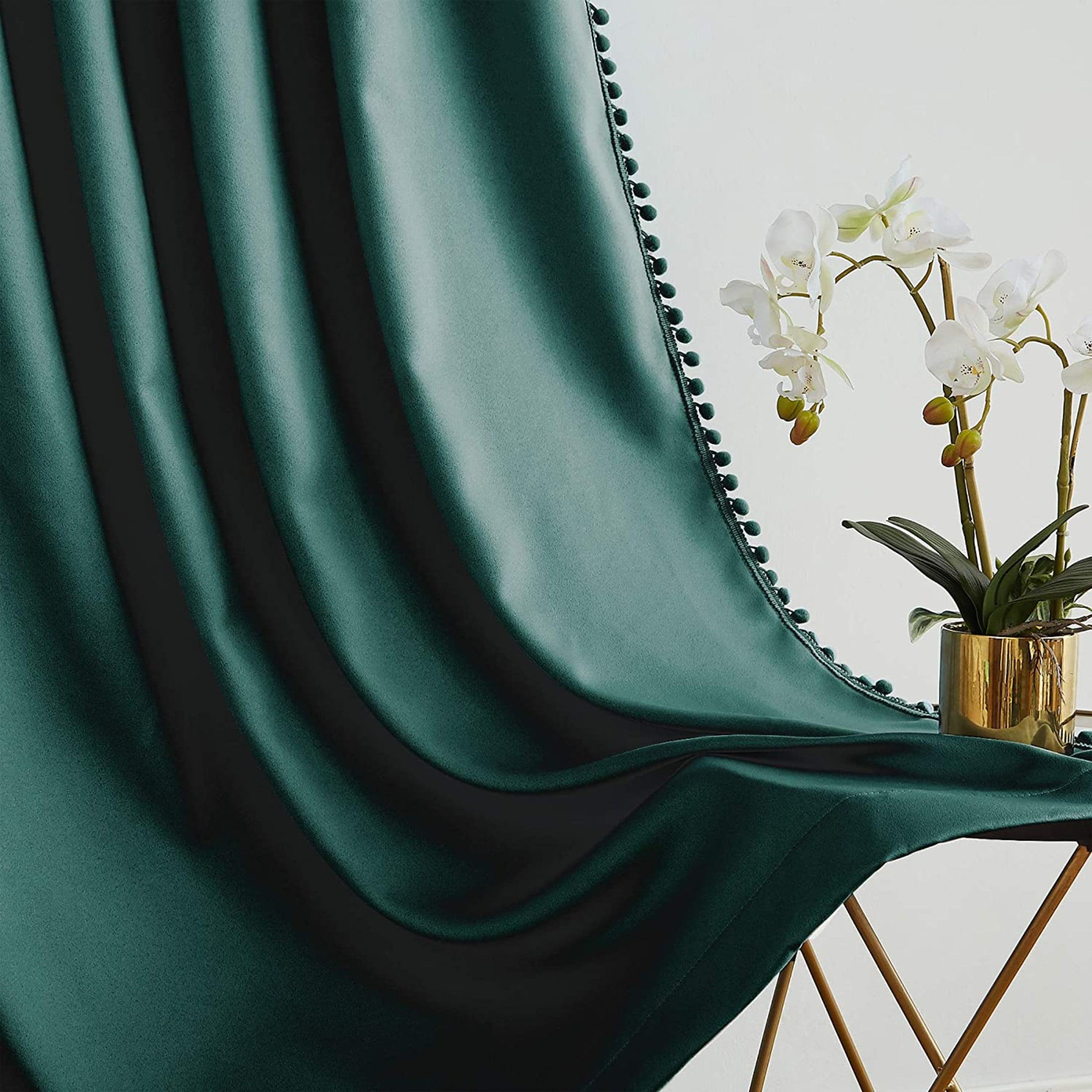 Exultantex Full Black Out Curtains Green Pompom Thermal Insulated Velvet Drapes for Home Décor, 50"W x 63"L, 2 Panels, Rod Pocket