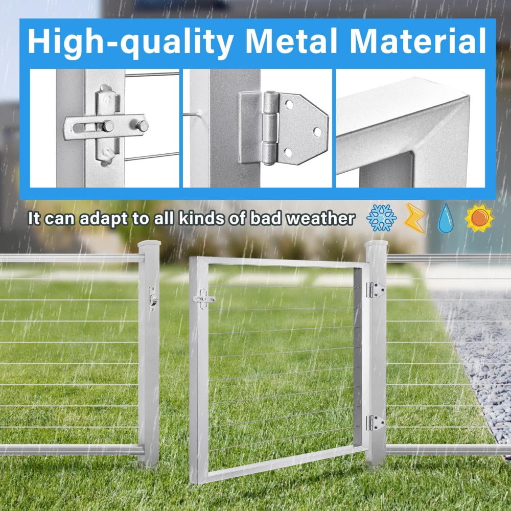 Carbon Steel Cable Railing Gate 36"x23", Heavy Duty Outdoor Deck Gate with Latch for Patios(Silver)