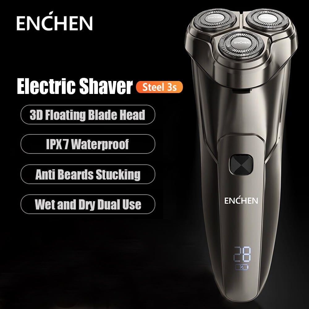 Enchen Men Electric Shaver Steel 3S 3D Triple Blade Head and Dry Dual Use Ipx7 Waterproof
