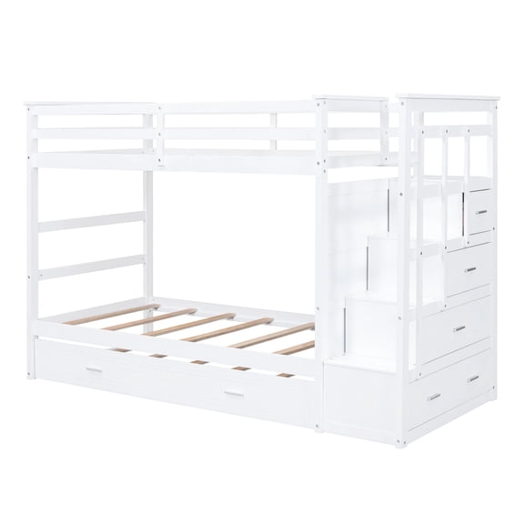 Bunk Bed Twin Over Twin with Trundle and Staircase White