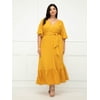 ELOQUII Elements Women's Plus Size Maxi Dress with Flutter Sleeves and Tie Neck