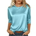 thumbnail image 2 of Qulqfy Elegant Blouses for Women Blue 3/4 Sleeve Satin Silk Blouse Crew Neck Pullover Shirt Tops for Women Night Out L, 2 of 9