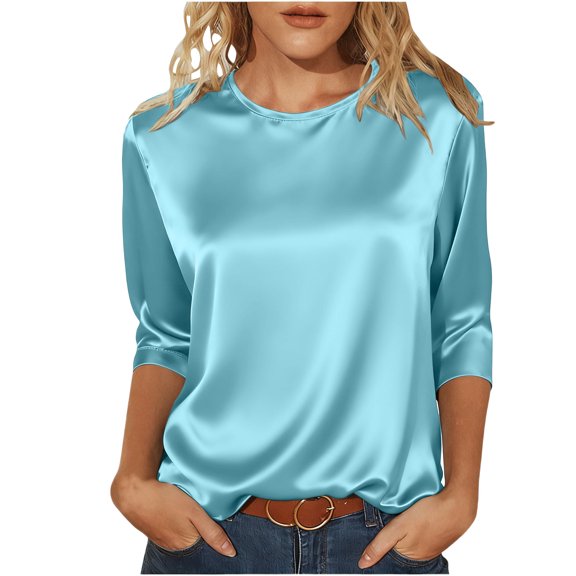 Qgtaibl Womens Crew Neck Satin Blouse Soft Comfortable 3/4 Length Sleeve Work Tops Elegant Silky Business Casual Shirts Light Blue XXL
