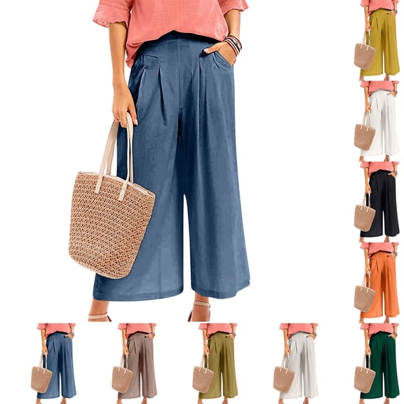 Laqbezok Women's Cotton Linen Wide Leg Pants, Elastic Waist Cropped Culottes with Pockets, Summer Casual Loose Trousers Summer Beach Capri Pants for Daily Wear