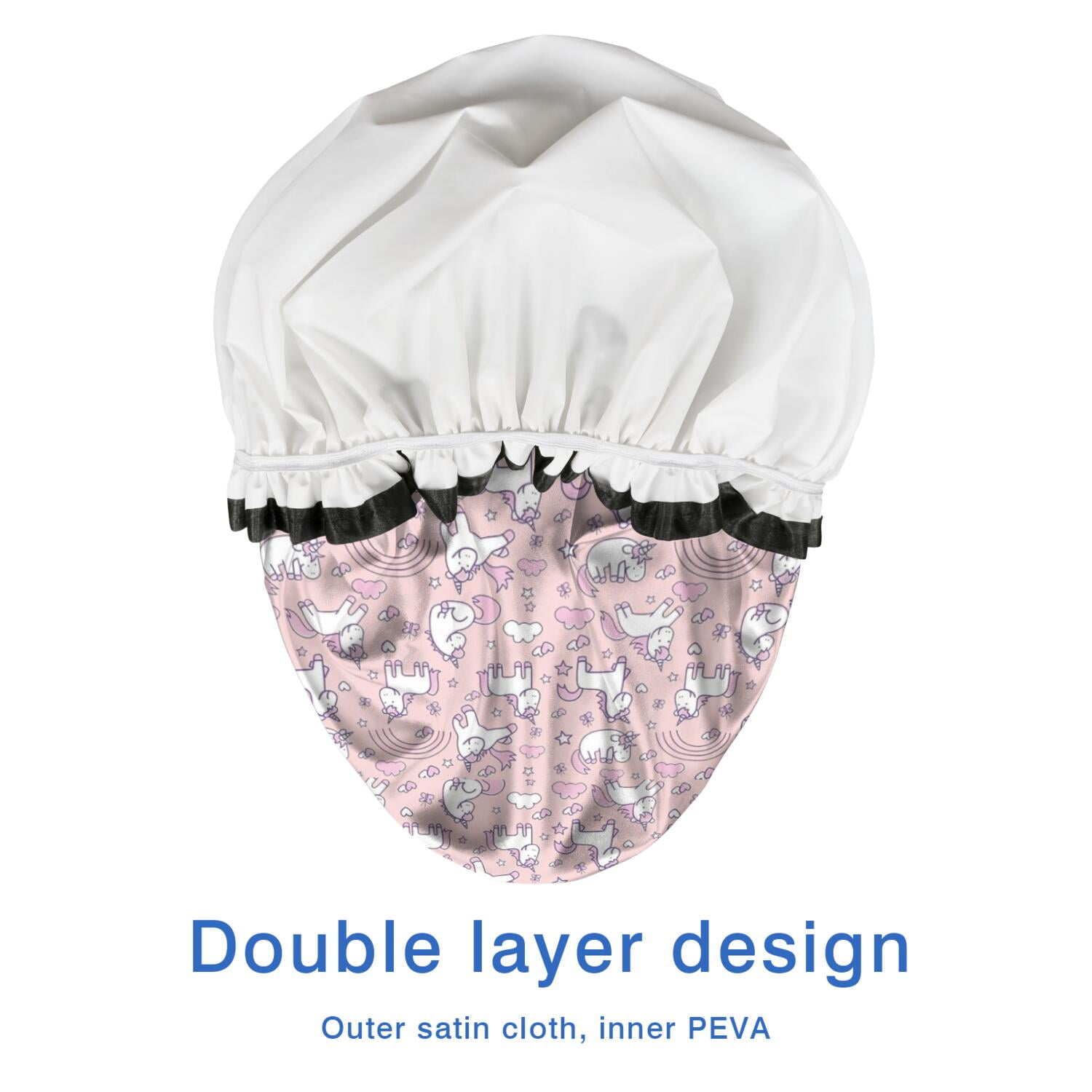Shower Caps,Pink Unicorn Doodle Pattern Waterproof Shower Cap for Women 4 Pieces,Double Reusable Hair Cover for Shower PEVA Elastic Stretch Hem