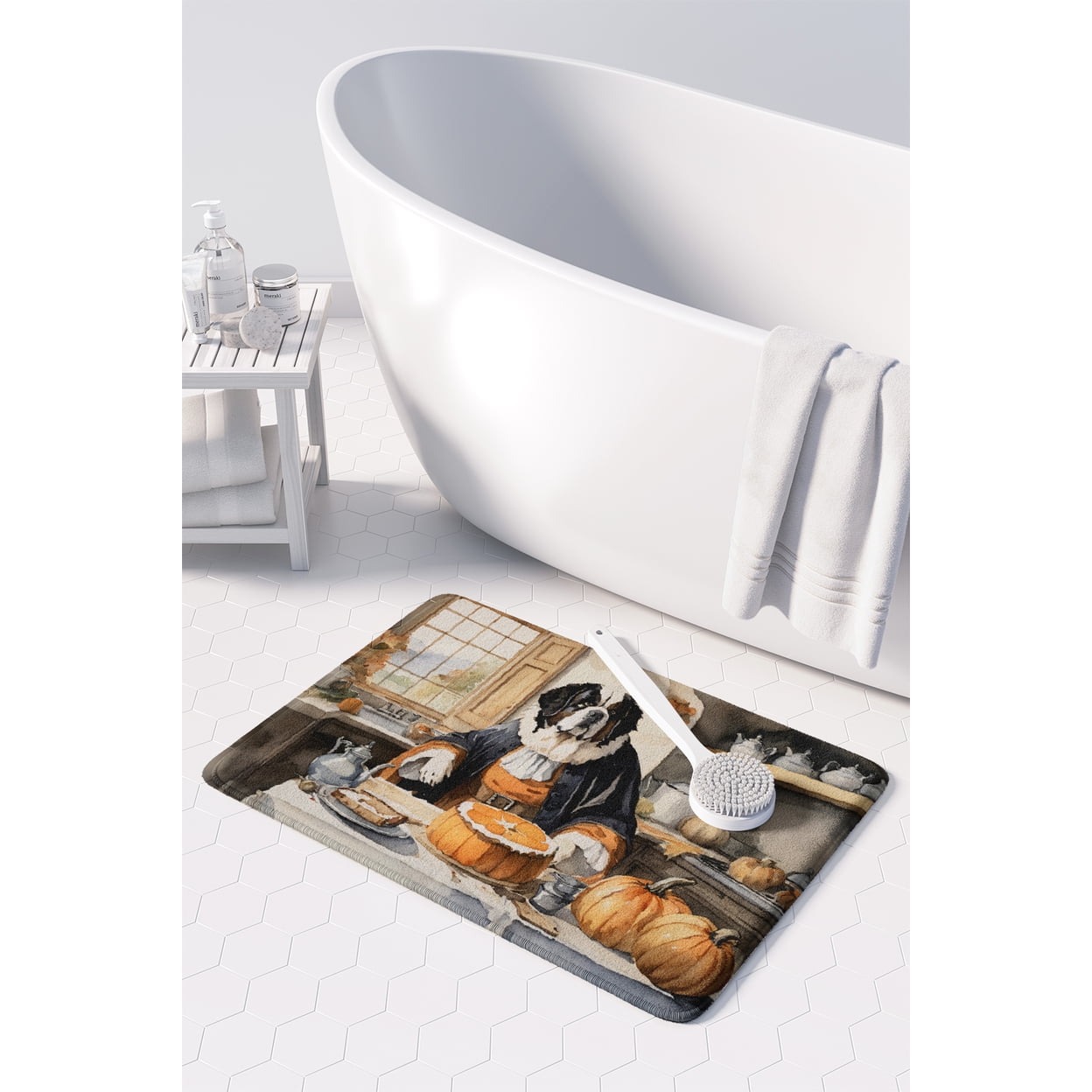 Saint Bernard Fall Kitchen Pumpkins Memory Foam Kitchen Mat 27 in x 19 in