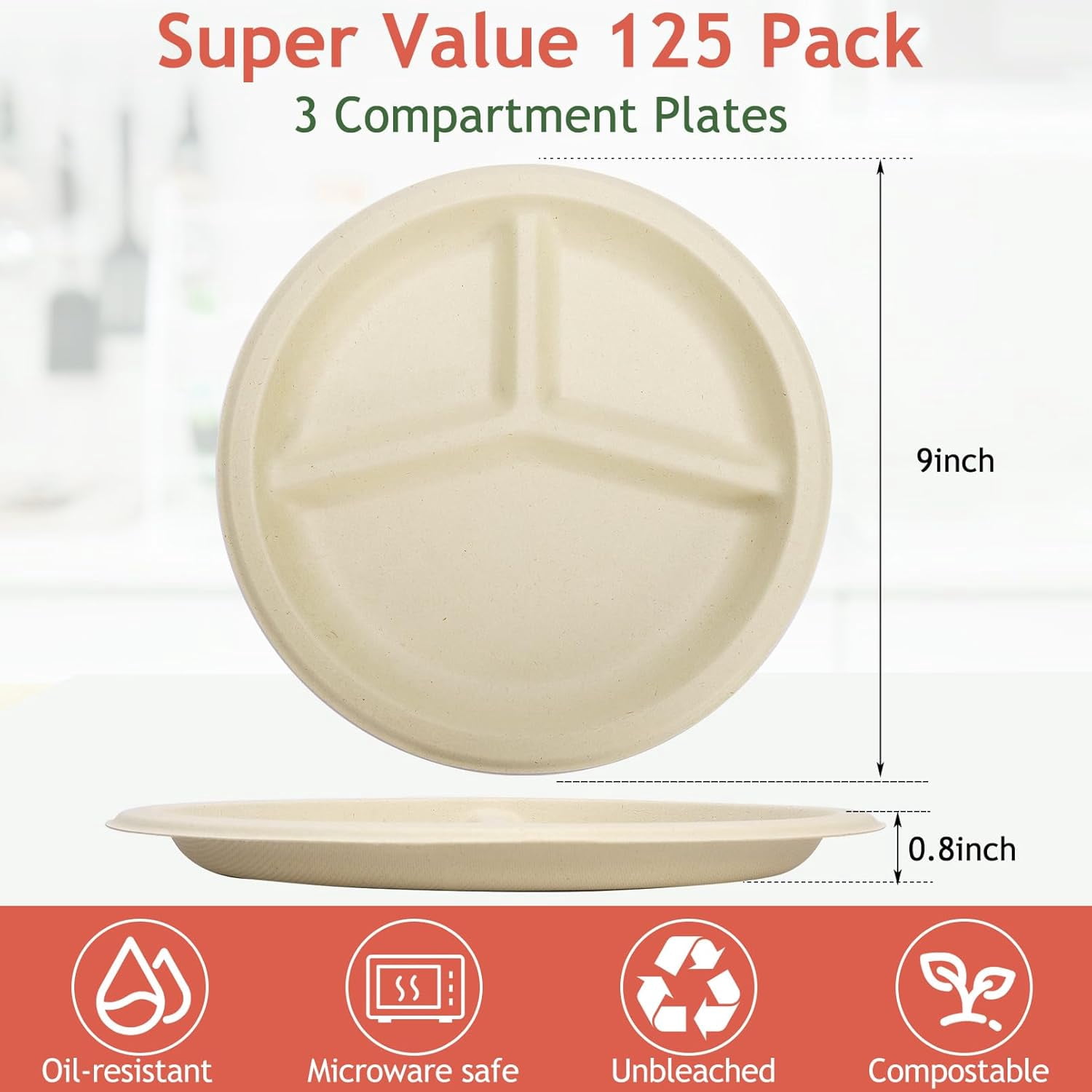 125 Pack 3 Compartment Paper Plates,Compostable Paper Plates,Disposable Paper Plates,9 Inch Heavy Duty Biodegradable Plates for Daily Meals,Food Grade Sugar Cane Fiber