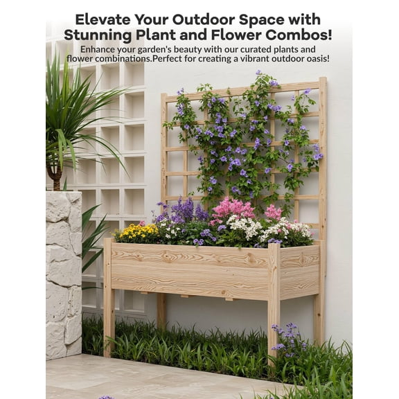 65" Tall Wooden Raised Garden Bed with Trellis and Stand – Elevated Planter Box with Liner – Ideal for Outdoor Patio, Balcony, Backyard – Perfect for Climbing Plants, Vegetables, Herbs, Flowers