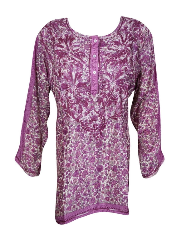 Womens Silk Tunic, Purple White Floral Printed Tunic Top, Shirt, Hand Embroidered Blouse Indi Boho Kurta XL