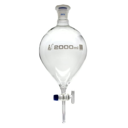 2000mL Separating Funnel, Squibb, Pear Shaped, Borosilicate Glass, Glass Stopcock, Interchangeable Plastic Stopper - Eisco
