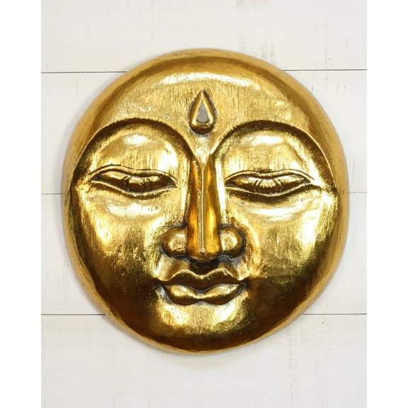 Gold Wooden Moon Face Wall Art – Hand Carved Moon Mask, Boho Rustic Wall Sculpture Home Decor Size: 12" diameter x 3" deep