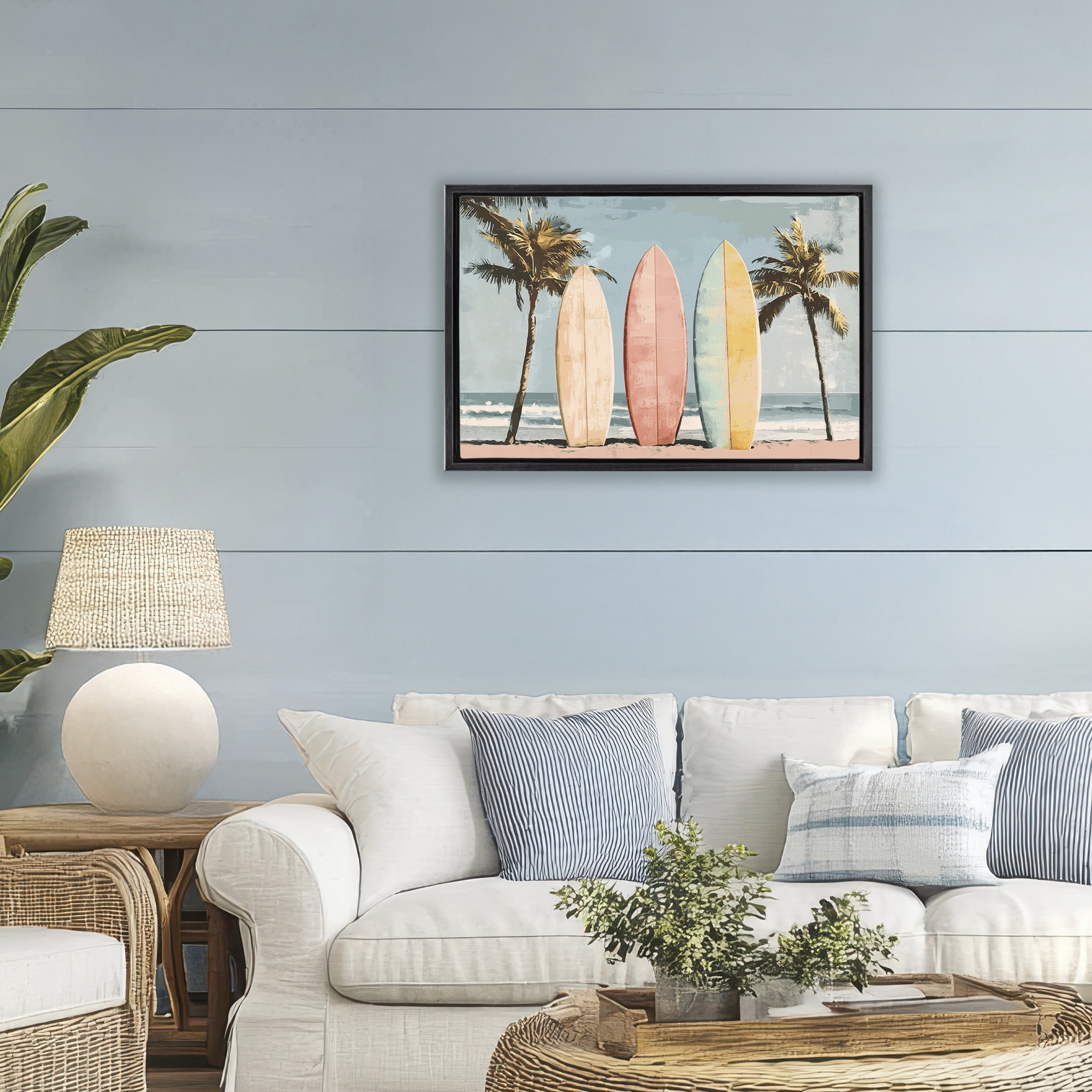 Stupell Industries Paradise Surfboard Trio Black Framed Floater Canvas Wall Art, design by Petal Prints Design