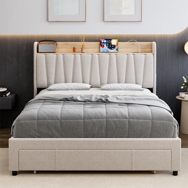 Full Size Upholstered Platform Bed Frame with Storage Headboard, Drawers & Built-in USB Charging Station, No Box Spring Needed, Easy Assembly, Modern Linen, Beige