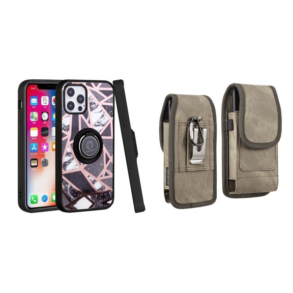 Bemz Ring Series Case for iPhone 14 Plus (TPU Silicone Cover with Magnetic Stand) and Vertical Rugged Denim Nylon Belt Holster Pouch (Black White Marble/Brown)