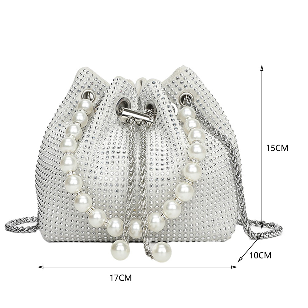 Handle Beaded Evening Clutch Bag Silver Shiny Dinner Party Wedding