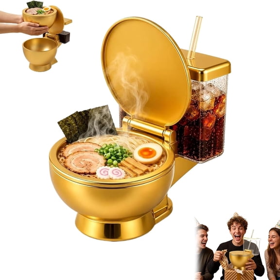 Toilet Ramen Bowl – Unique Gold Finish Noodle Bowl with Integrated Beverage Holder, Great Conversation Starter for Gatherings