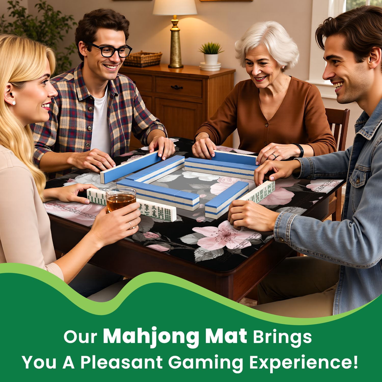 Mahjong Mat 31.5" x 31.5" Seamless pink roses Non-Slip Noise Reduction American Mahjong Tiles Table Cover for Dominoes Poker Card Board Games Gift