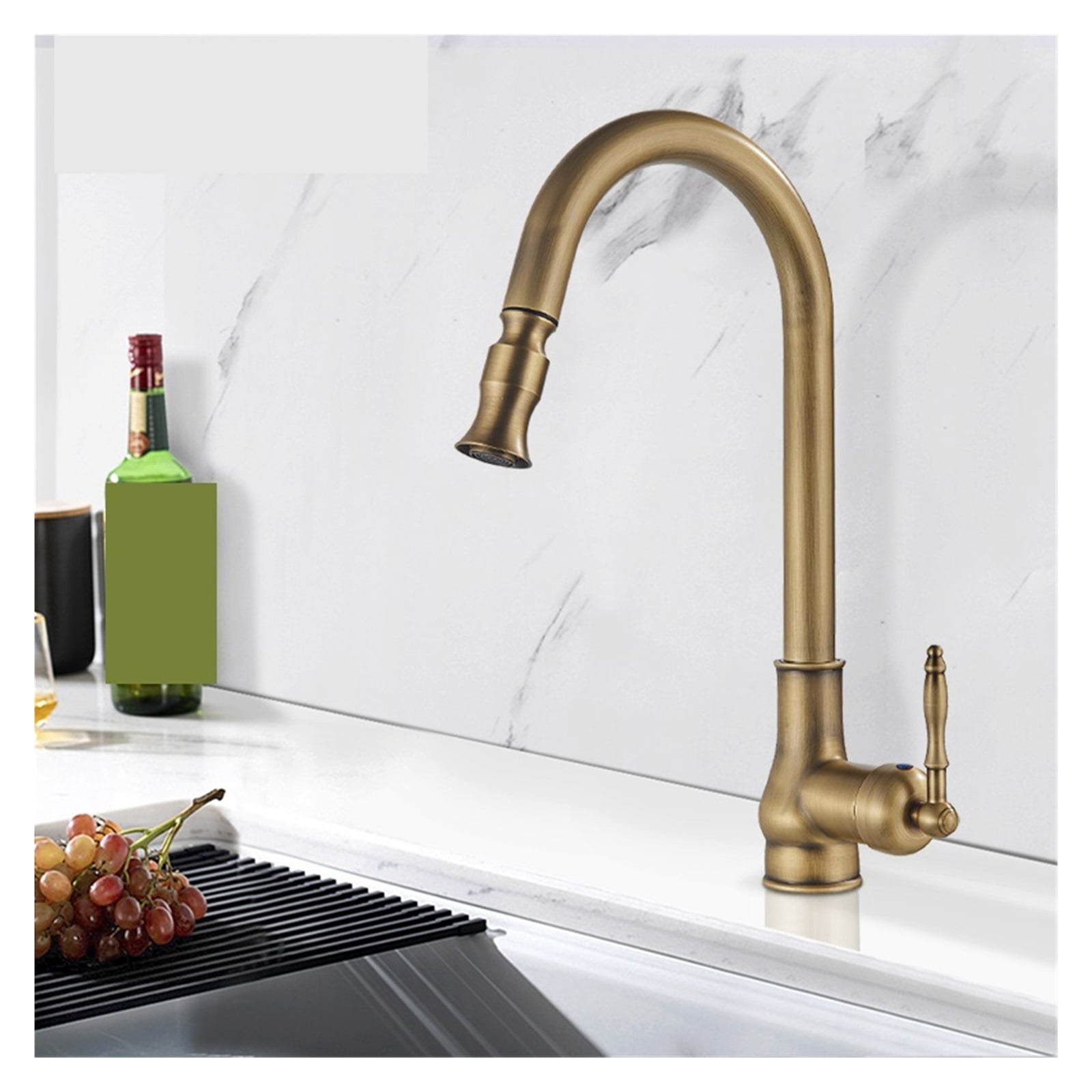 Antique Brass Kitchen Faucet Pull Out Kitchen Sink Faucet Single Handle Faucet 360 Rotate Kitchen Tap Hot Cold Water Mixer Crane ,Easy to Install
