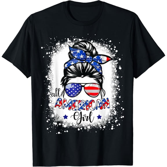 All American Girl Shirt USA Flag 4th July Women Kid Bleached T-Shirt