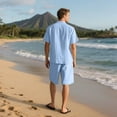 thumbnail image 3 of Oplxuo Men's Summer Beach Outfits 2 Piece Short Sleeve Shirts and Shorts Vacation Texture Linen Sets for Men, 3 of 4