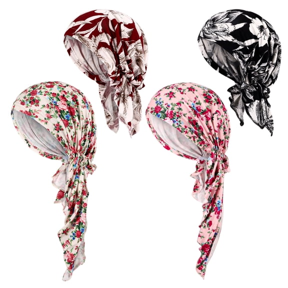 Bocaoying 4Pcs Chemo Headwear for Women Pre-Tied Head Scarves Turban Beanie Caps Cancer Head Wrap Headscarf for Yoga Running