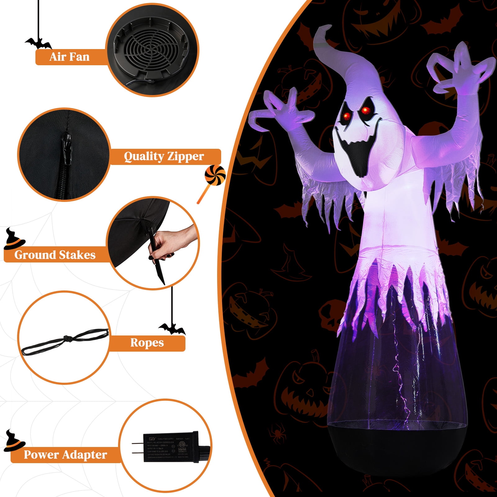 12ft Halloween Inflatable Half-Body Clear PVC White Ghost with 2 LED Lights