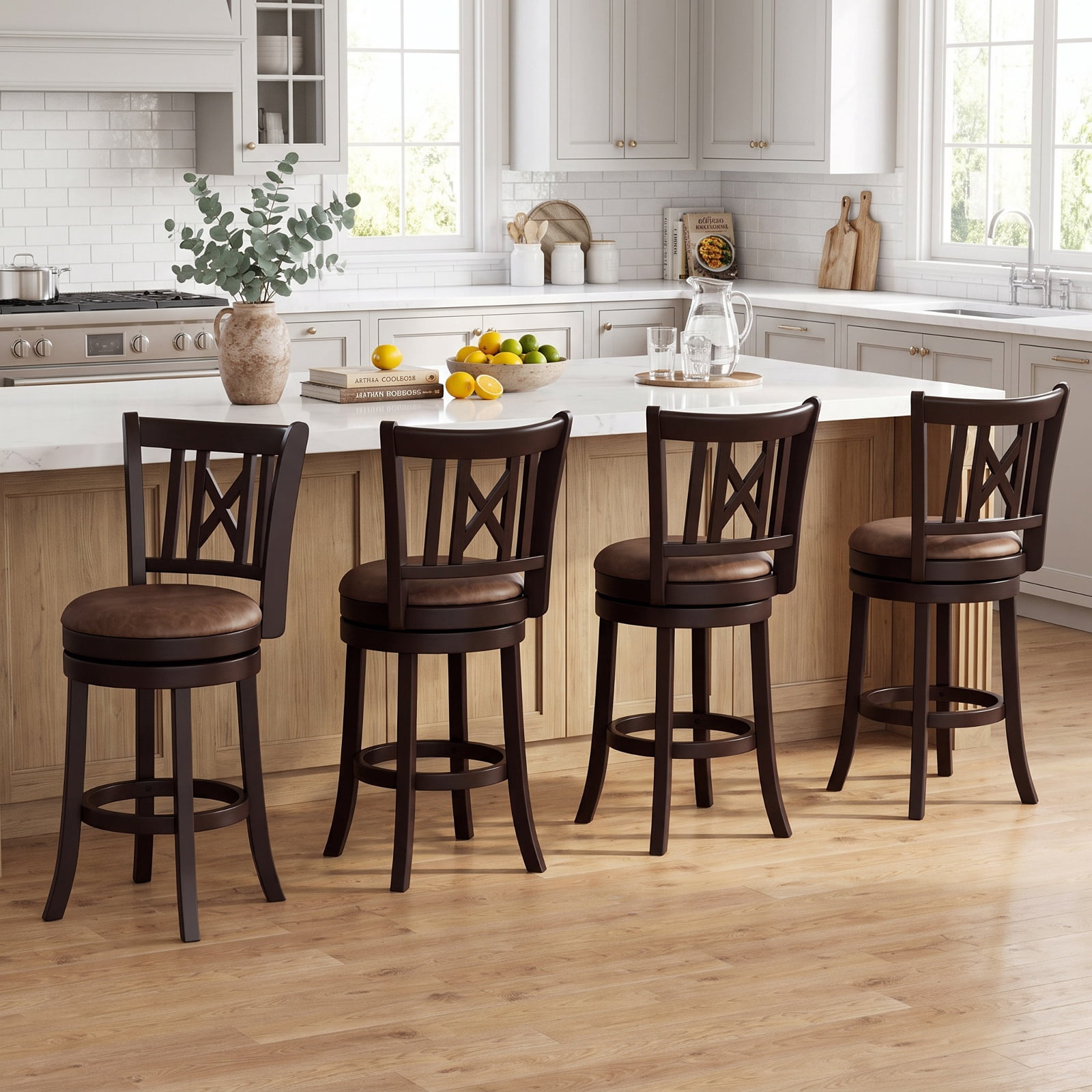 Furnibear Set of 2 Swivel Bar Stools with Footrest and Hollowed Backrest 26 Inch for Kitchen