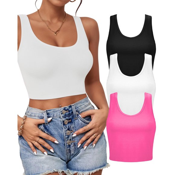 Crop Tops AURUZA Camisetas sin mangas con cuello en U para mujer x3