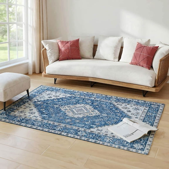 Yardi Yarda 4x6FT Area Rug, Vintage Washable Rug, Non-Slip Floor Carpet for Indoor, Blue