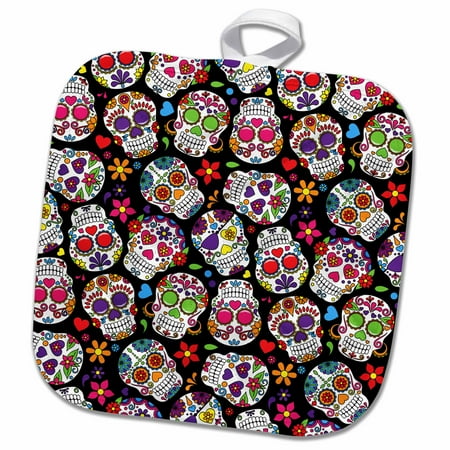 Pattern Sugar Base - 3dRose Colorful Tossed Sugar Skulls Pattern - Pot Holder, 8 by 8-inch