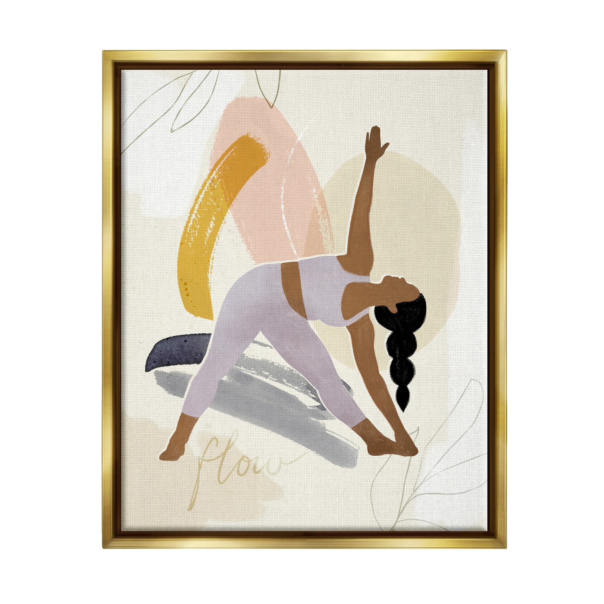 Stupell Industries Flow Yoga Text Plant Pattern Person Stretching Metallic Gold Framed Floating Canvas Wall Art, 24x30, by Victoria Barnes