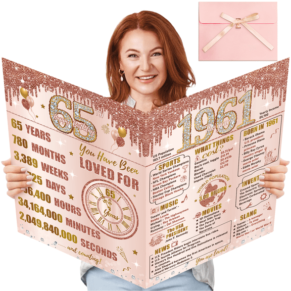 Large 65th Birthday Card With Envelope for Women, Pink Rose Gold The Year 1961 Happy 65th Birthday Giant Guest Signature Book Gift, Extra Big Sixty-Five Greeting Card Decoration Party Supply