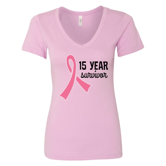 Inktastic Breast Cancer 15 Year Survivor Pink Ribbon Women's V-Neck T-Shirt