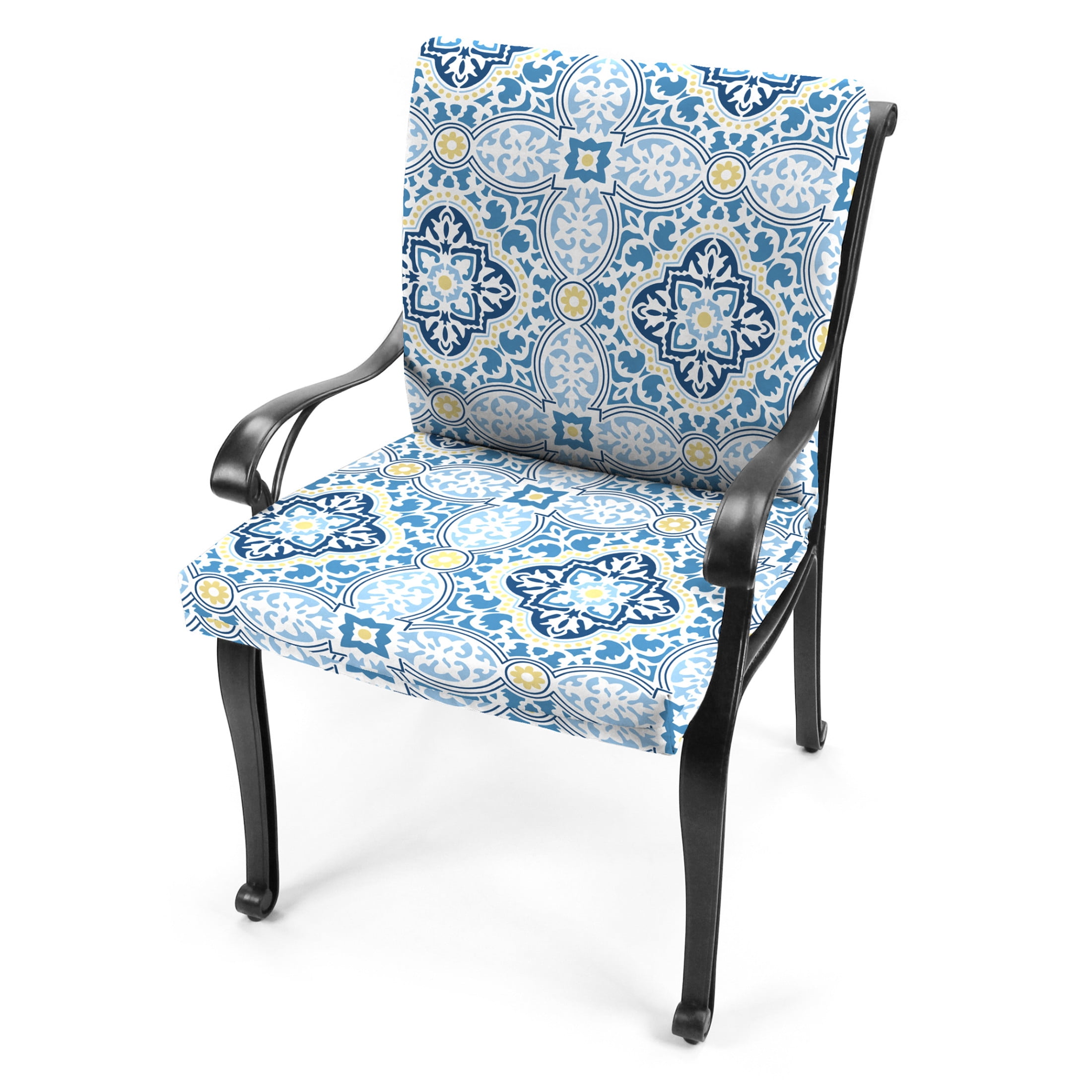 Jordan Manufacturing 44" x 21" Rave Sky Blue Quatrefoil Rectangular Outdoor Chair Cushion with Ties and Hanger Loop