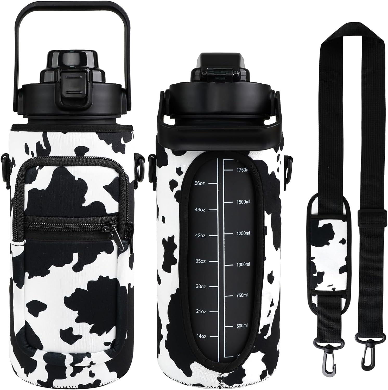 64 oz Cow Print Water Bottle with Sleeve BPA Free Half Gallon Water Jug