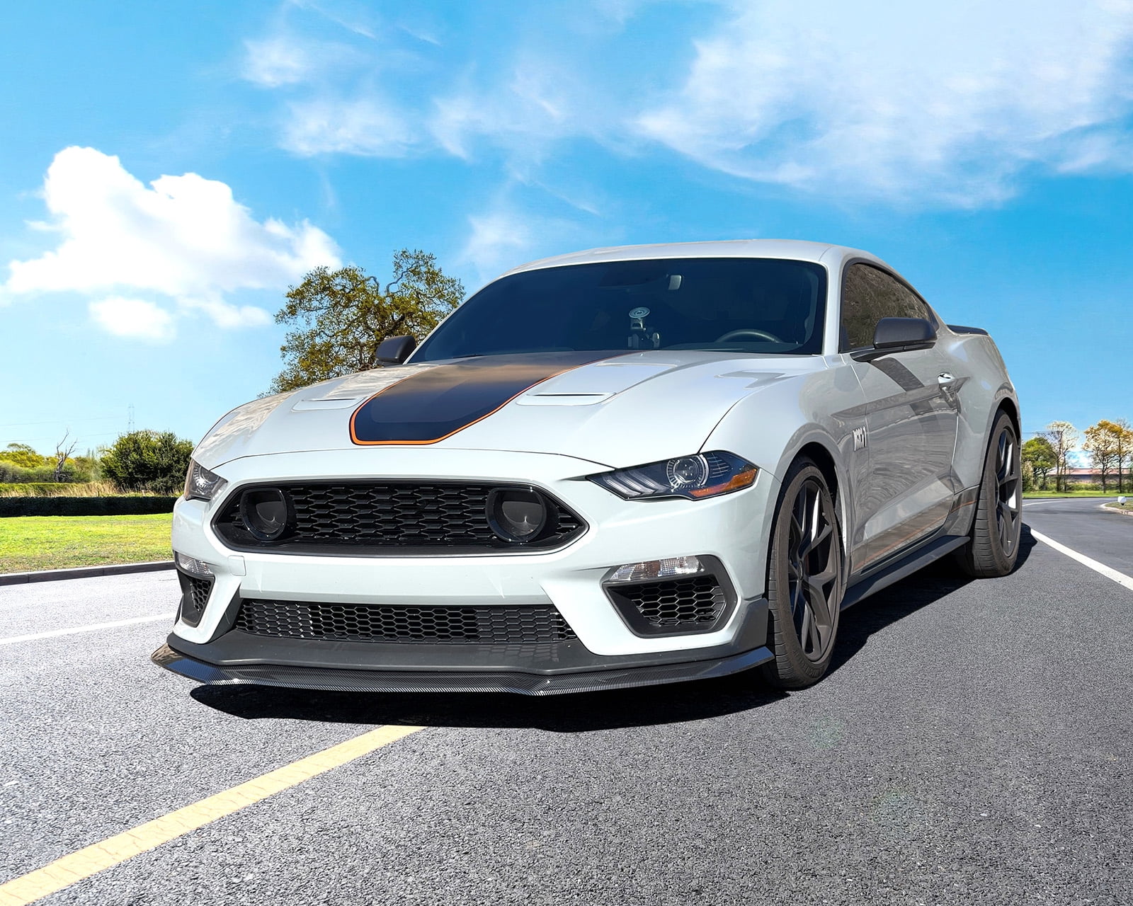 Ikon Motorsports Front Bumper Lip Compatible With 2021-2023 Ford Mustang Mach 1, Carbon Fiber Print PP Polypropylene Handling Package Style Front Lower Chin Lip Splitter Protector