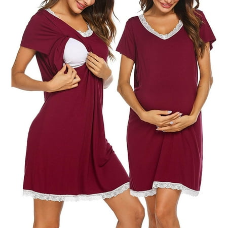 

Zpanxa Maternity Dresses for Women Solid Lace Short Sleeve Breast-Feeding Pregnancy Maxi Dresses Breastfeeding Nuring Dresses Wine XL