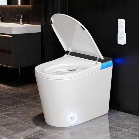 Smart Toilet Seat with Wireless Remote, Auto Flush, Warm Air Dry, Seat Heating, Female & Posterior Wash, Blue Ambient Light, IPX4 Waterproof, Energy Efficient, US Plug