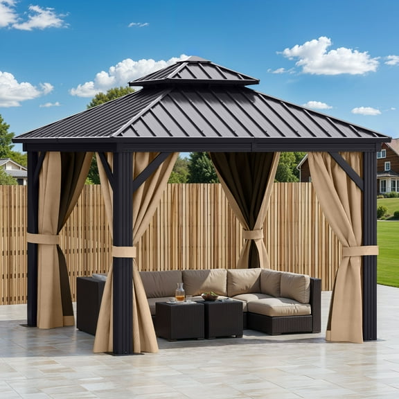 Dextrus 10'x10' Hardtop Gazebo with Nettings & Brown Curtains,Heavy Duty Double Roof Galvanized Steel Canopy for Garden, Patio, Lawns, Black&Brown