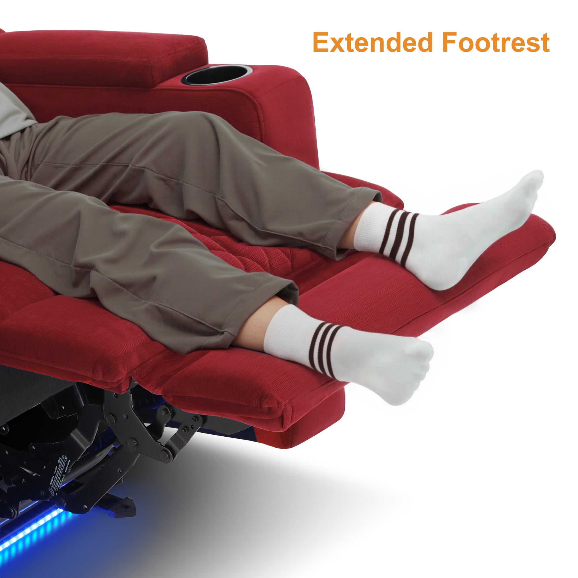 MCombo Power Recliner Chair with Power Headrest, LED Light, Armrest Storage for Living Room & Home Theater, Velvet, Red