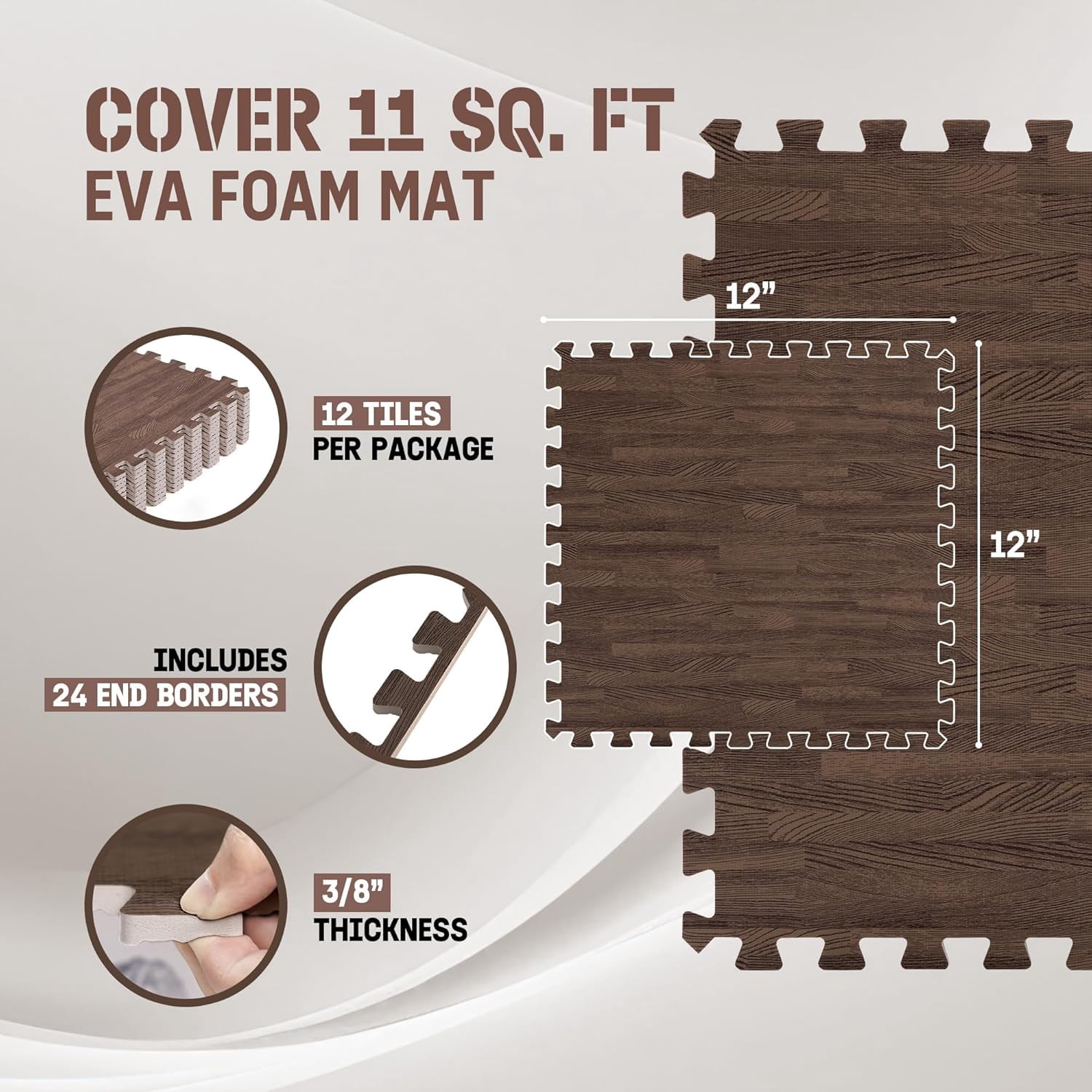 EVA Interlocking Mats, Puzzle Floor Tiles, Foam Floor Padding with Border for Furniture, Home Space, Living Room, Garage 11,22,32 SQFT