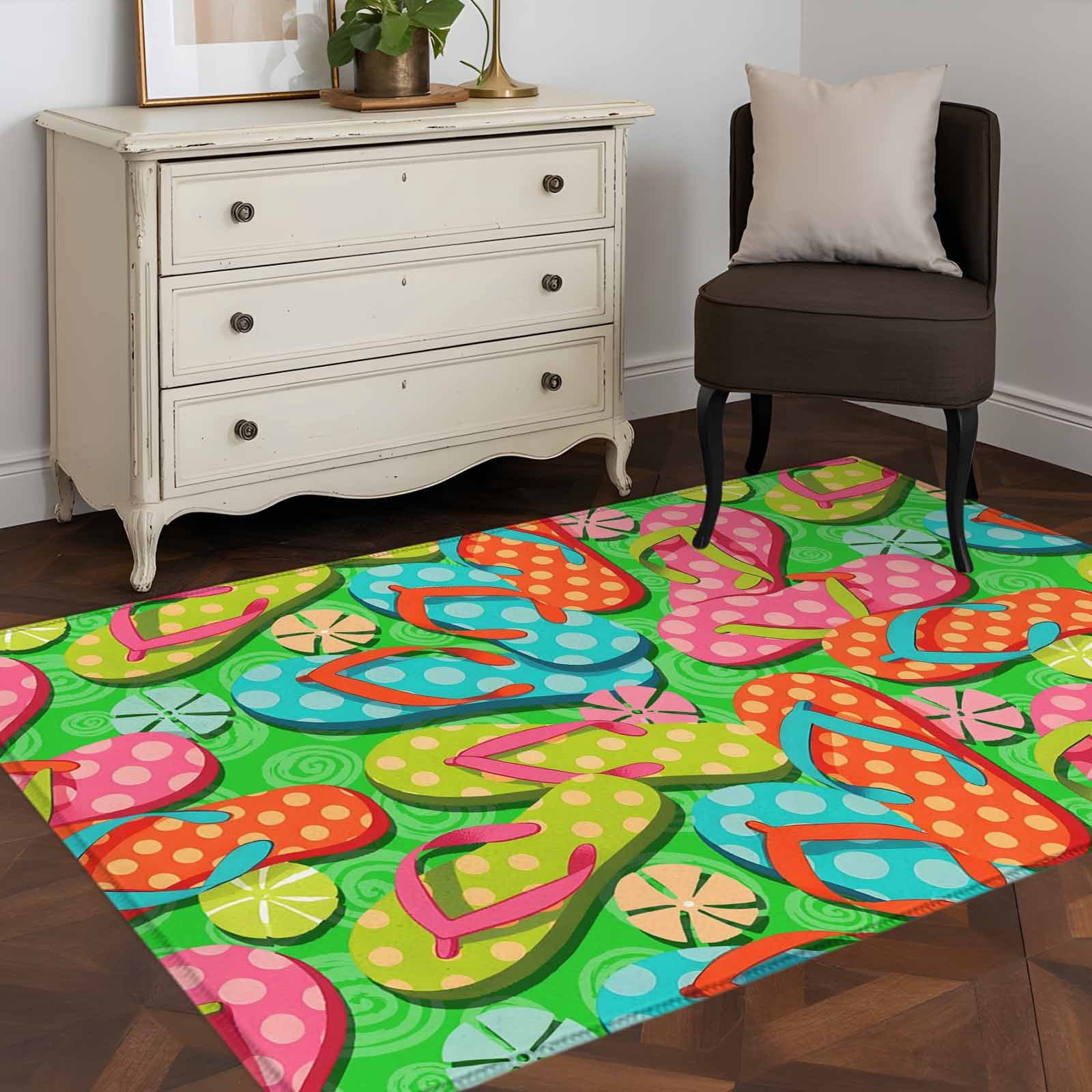 Watercolor Flip Flop Area Rugs 2.7'x5', Washable Small Throw Rugs for Kitchen Bedroom, Ocean Beach Slippers Summer Indoor Outdoor Rug Non-Slip Low Pile Carpet Runner Reversible Floor Mats