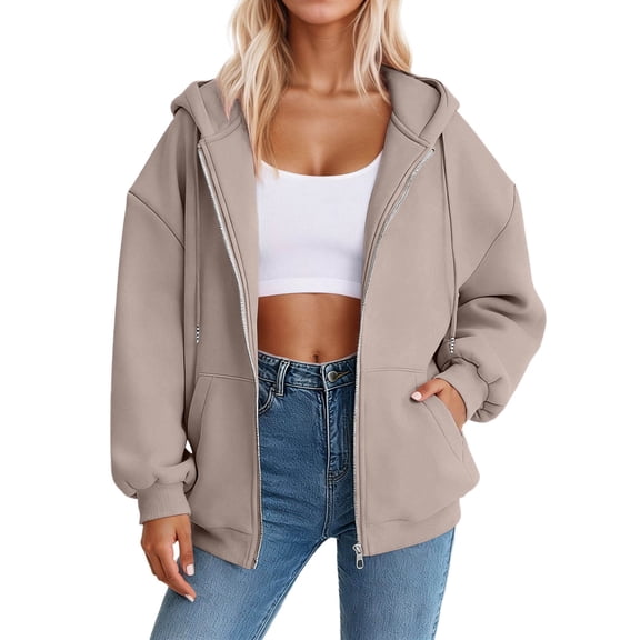 DHFJKG Womens Zip Up Hoodies Sweatshirts Coat Oversized Solid Color Long Sleeved Pockets Drawstring Casual Hooded Jacket For Spring Autumn Winter Comfort Tops