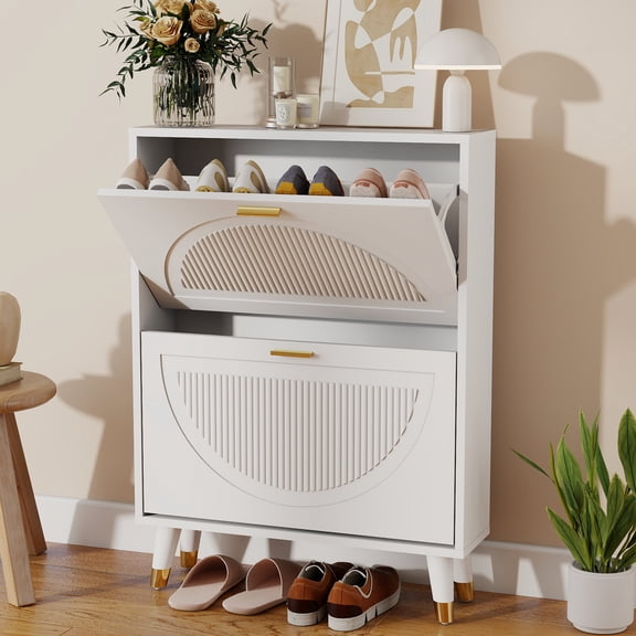 Modern Shoe Storage Cabinet with 2 Flip Drawers, Wooden Shoe Cabinet Entryway Organizer, Slim Shoe Storage for Entryway, Hallway