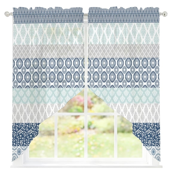 Geometric Bohemia Sheer Curtains Swag Valances for Windows Stripes Gray White and Blue Rod Pocket Swag Curtain Small Window Curtain for Kitchen Living Room Bedroom, 1 Pair 28"W x 36"L
